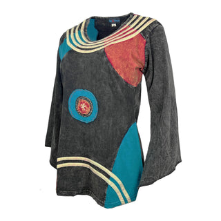 R 007 Agan Traders Knit Cotton Bell sleeve Boho Gypsy Top Blouse - Agan Traders, Black Turquoise