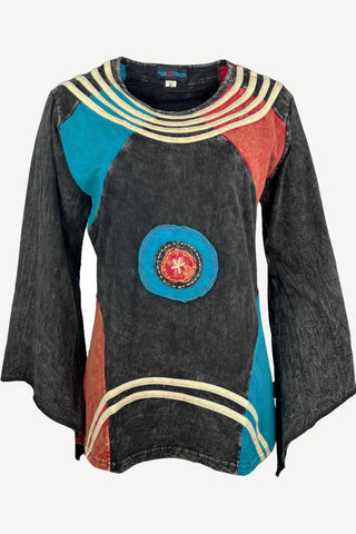 R 007 Agan Traders Knit Cotton Bell sleeve Boho Gypsy Top Blouse - Agan Traders, Black Turquoise