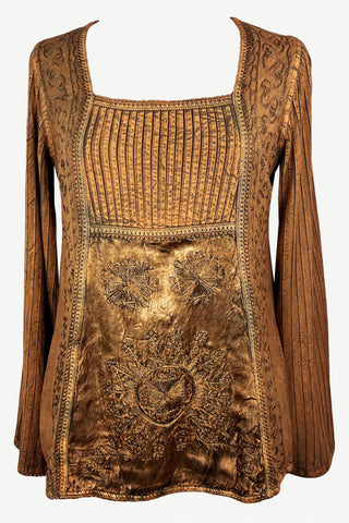04 B Boho Fashion Pleated Embroidered Square Neck Blouse Top - Agan Traders, Rust