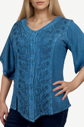 125 B Scooped Neck Medieval  Embroidered Blouse Top