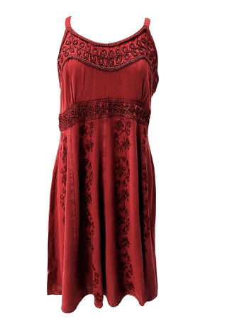 186017 DR Bohemian Spaghetti Strap Embroidered Smocked Elastic Mid Calf Sun Dress - Agan Traders, B red