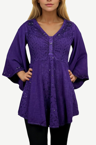 Medieval Butterfly Embroidered Beaded Bell Short Sleeve Blouse Tunic ~ 18 6026 B