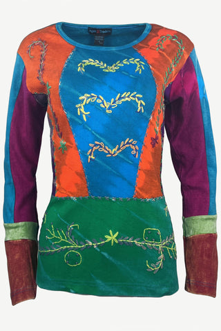 Rib Cotton Vibrant Multi Patched Color Funky Embroidered Bohemian Top Blouse - Agan Traders, TQ Multi