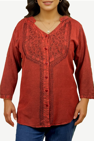 9005 B Women's Bohemian Vintage Button Down Embroidered V-Neck Blouse