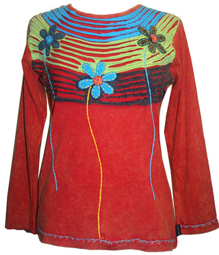 Rib Cotton Funky Razor Patches Long Sleeve Top Blouse - Agan Traders, Orange Red