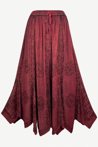 Women's Boho 715 SKT Medieval Flared Hem A Line Embroidered Long Maxi Skirt - Agan Traders, Burgundy