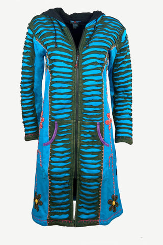 Nepal Knit Cotton Embroidered Bohemian Long Insulated Jacket Coat - Agan Traders, Turquoise