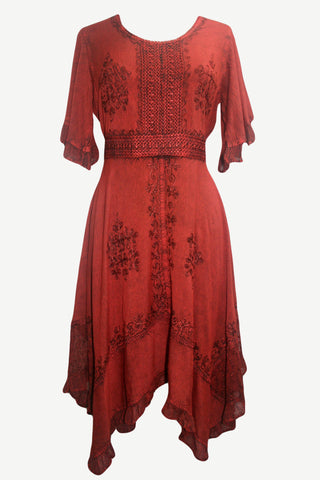 186014 DR Bohemian Asymmetrical Hem Ruffle Embroidered Casual Chic Dress - Agan Traders, B Red