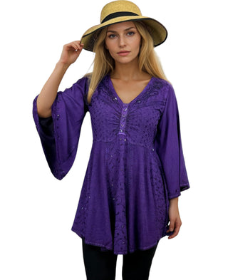 186026 B Medieval Butterfly Embroidered Beaded Bell Sleeve Top Blouse Tunic - Agan Traders, Purple