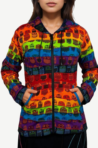 364 RJ Rainbow Owl Printed Vibrant Hoodie Hippie Gypsy Cotton Bohemian Rib Jacket