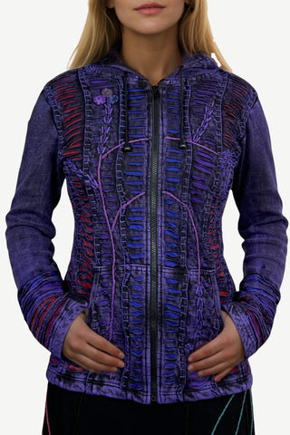 51 RJ Purple Distressed Bohemian Razor  Embroidered Hoodie Sweatshirt Rib Jacket