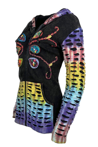 R 333 Agan Traders Rib Cotton Rainbow Razor Cut Embroidered Hoodie Bohemian Jacket. - Agan Traders, Rainbow