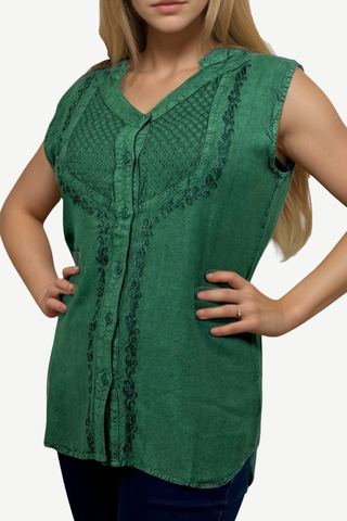 Women's Sleeveless Embroidered Bohemian Medieval Chic Summer Blouse Top ~ 9009 B