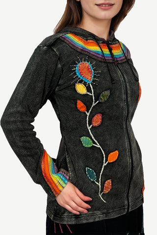 RJ 70 Bohemian Knit Rainbow Distressed Denim Hoodie Jacket