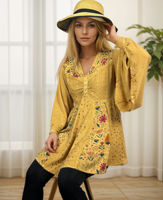 Sweet empire butterfly bell sleeve printed sequin bead flared tunic - Agan Traders, Gold