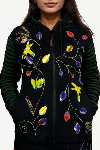 336 RJ Bohemian Knit Cotton Razor Cut Flower Patched Hoodie Rib Jacket