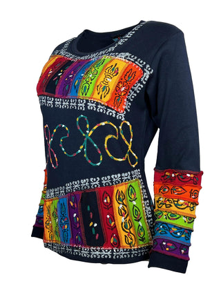 Hand Brush Painted Rainbow Funky Gypsy Knit Cotton Top Blouse ~ Nepal - Agan Traders, Multicolor