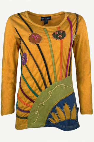 R 232 Light Cotton Floral Stem Multi-colored Diagonal Patched Floral Embroidered Boho Blouse - Agan Traders, Gold