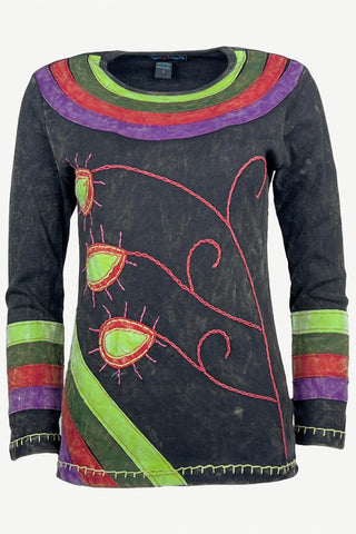 Flower Stems Embroidered Neckline & Cuff Patched Boho Gypsy Top Blouse - Agan Traders, Charcoal