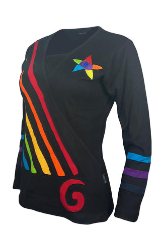 Rib Cotton Rainbow Diagonal Patched Star Boho Gypsy Top Blouse - Agan Traders, Rainbow Multi