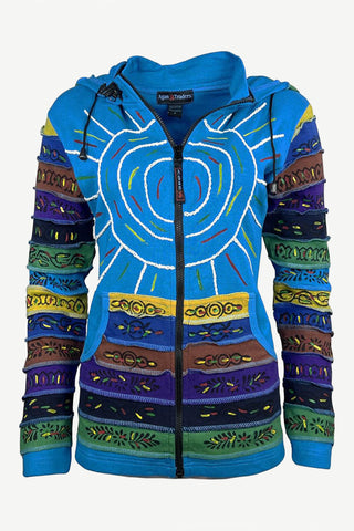 327 RJ Hand Crafted Bohemian Rib Tie-dye Brush Painted Patch Cotton Hoodie Jacket - Agan Traders, Turquoise