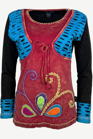 Cotton Funky Front Tie Bohemian Top Blouse - Agan Traders, Red