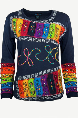 Hand Brush Painted Rainbow Funky Gypsy Knit Cotton Top Blouse ~ Nepal - Agan Traders, Multicolor