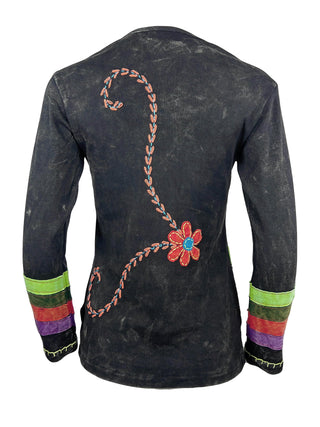 Flower Stems Embroidered Neckline & Cuff Patched Boho Gypsy Top Blouse - Agan Traders, Charcoal