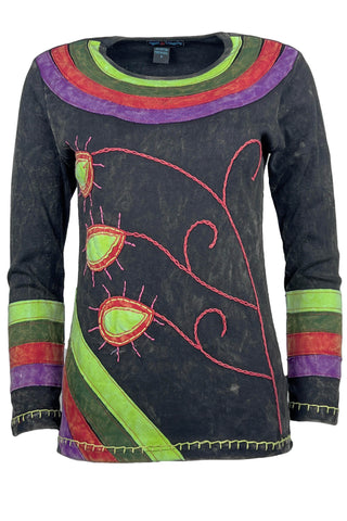 Flower Stems Embroidered Neckline & Cuff Patched Boho Gypsy Top Blouse - Agan Traders, Charcoal