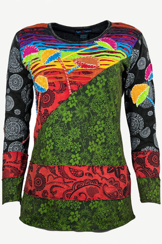 R 301 B Rib Cotton Multicolored Mushroom Patched Printed Razor Cut Vibrant Blouse Top