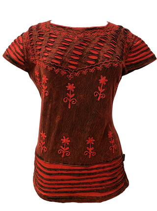 R 132 Women's Bohemian Gypsy Razor Cut Cap Sleeve Blouse Top - Agan Traders, Red