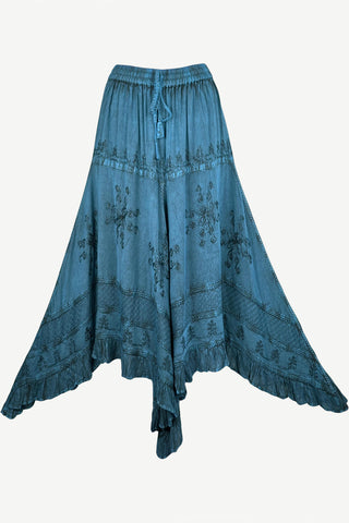403 SKT Medieval Embroidered Elastic Waistband Uneven Ruffle Hem Skirt Maxi - Agan Traders, Blue
