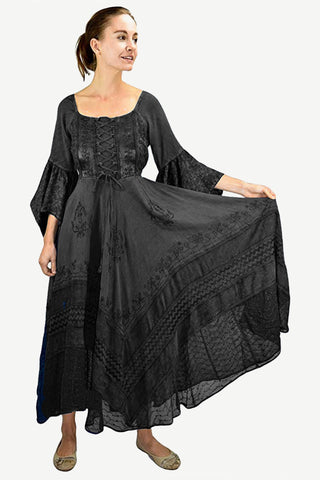 Medieval Gothic Bohemian Embroidered Handkerchief Flare Corset Dress Gown - Agan Traders, Black