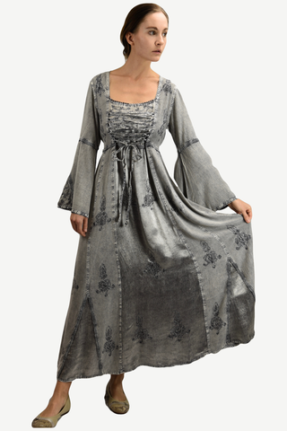 Rayon Satin Medieval Gothic Renaissance Corset Bell Sleeve Dress Gown - Agan Traders, Silver