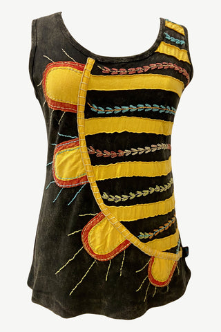 0040 RB Soft Knit Sleeveless Wide Strap Embroidered Tank Top Blouse - Agan Traders, Black Yellow