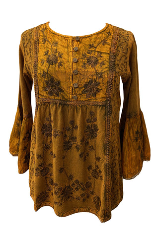 03 B Boho Medieval Embroidery Round Neck Blouse Top - Agan Traders, Old Gold