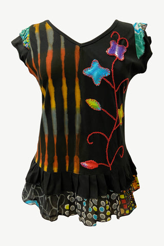 127 RB Medieval Soft Knit Sleeveless Tie Dye Ruffle Patched Tank Top Blouse