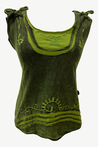 136 RB Knit Cotton Stonewashed Wide Strap Embroidered Stylish Tie dye Tank Top - Agan Traders, Green