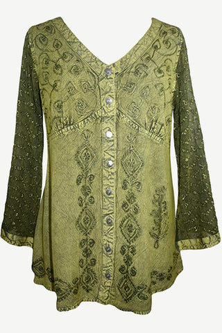 Medieval Victorian Gothic embroidered button down sheer lace sleeve blouse - Agan Traders, Lime Green