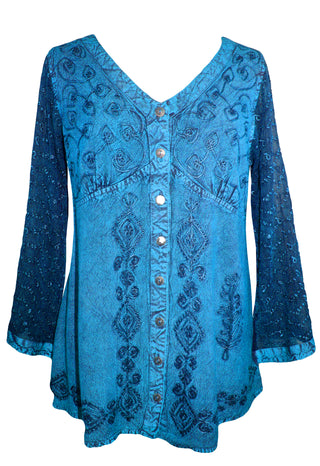 Medieval Victorian Gothic embroidered button down sheer lace sleeve blouse - Agan Traders, Blue