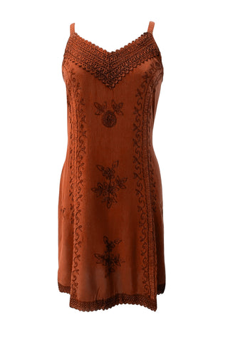 186020 DR Bohemian Medieval Spaghetti Strap V-Neckline Mid Calf Dress - Agan Traders, Orange Rust