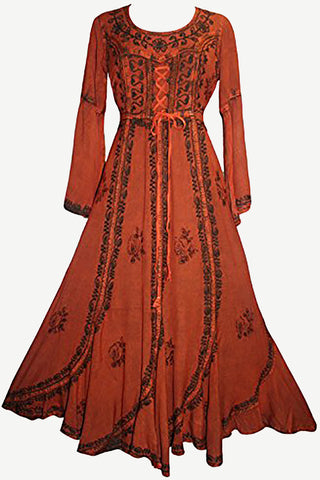Peasant Embroidered Bell Sleeve Scalloped Hem Dress Gown - Agan Traders, Orange Rust