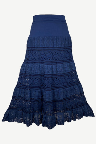 21238 SKT Cotton Lace Tiered Lined Long Skirt - Agan Traders, Navy