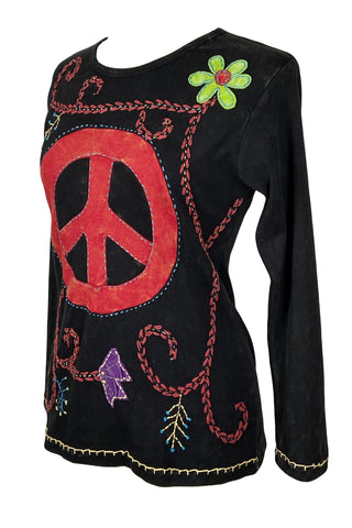 Rib Cotton Peace Patch Embroidered Boho Gypsy Top Blouse - Agan Traders, Black Red