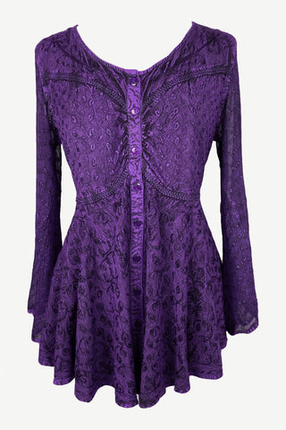 Medieval Gothic Embroidered Flare Sheer Lace Sleeve Top Blouse - Agan Traders, Purple