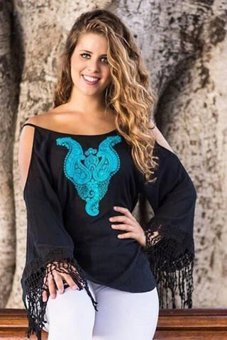 Rayon crape Shoulder Cut Out Bell Sleeve Fringes Embroidered Bohemian Gypsy Tunic Blouse - Agan Traders, Navy