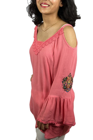 3809 B Cold Shoulder Stylish Embroidered Patched Tunic Blouse - Agan Traders, Peach