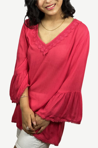 Rayon Crape Bohemian Long Bell Sleeve Medieval Top Tunic Blouse - Agan Traders, Coral
