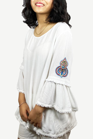 Rayon crape Bohemian Medieval Embroidered Top Blouse - Agan Traders, White
