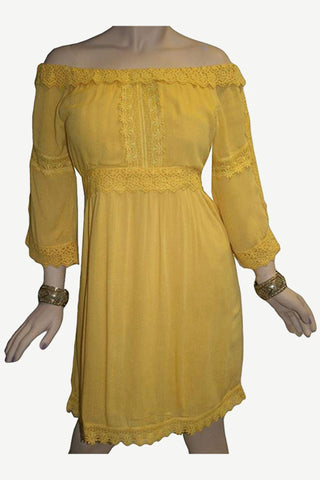 Rayon Crape Bohemian Medieval Peasant Gothic Short Baby Doll Dress - Agan Traders, Yellow